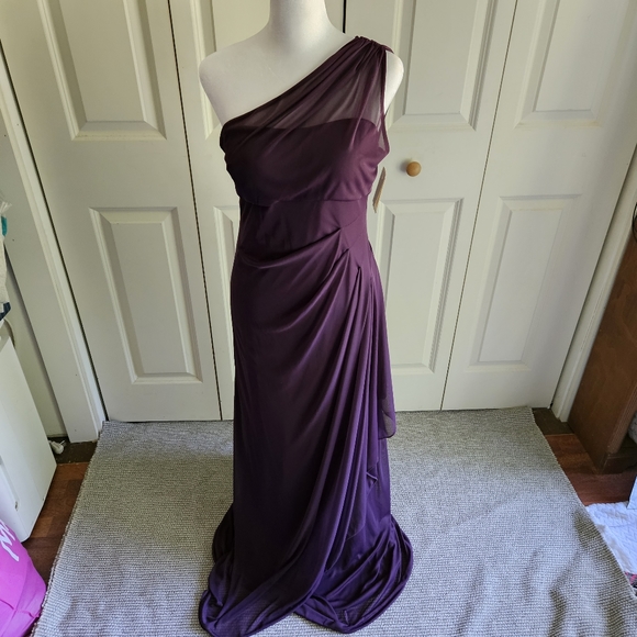 David's Bridal Long Mesh One Shoulder Illusion Dress Plum Style# F19074 Size 4 - Picture 2 of 15